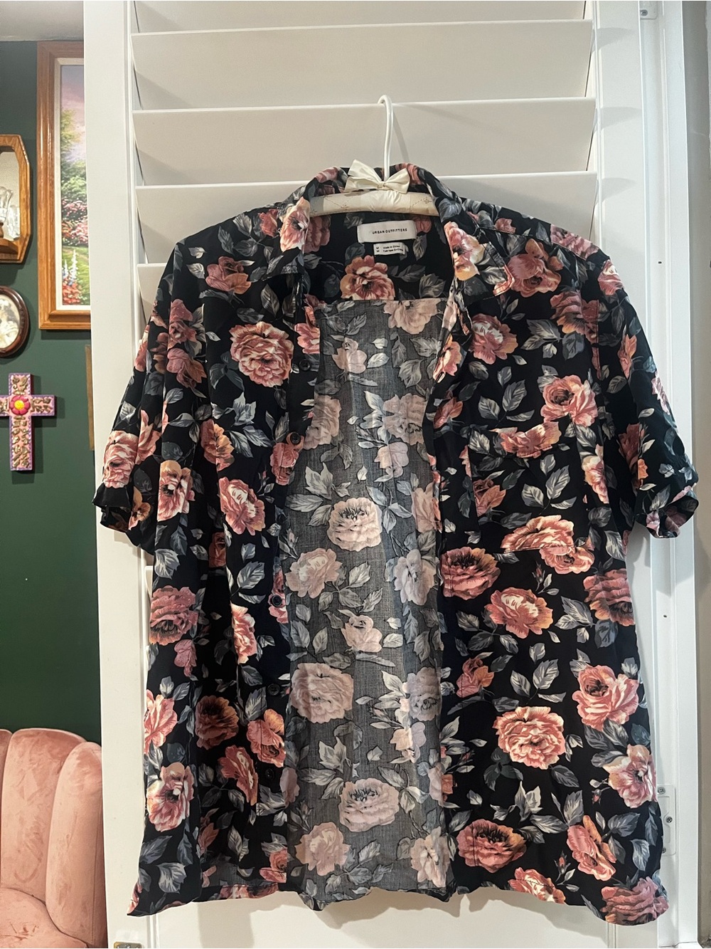 Urban Outfitters Black Floral Button-Down Shirt with Pink Rose Print